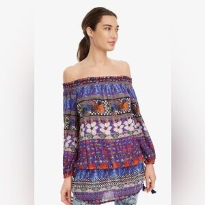 Desigual Andrea Off Shoulder Boho Gypsy Floral Blouse Blue Purple - Size S